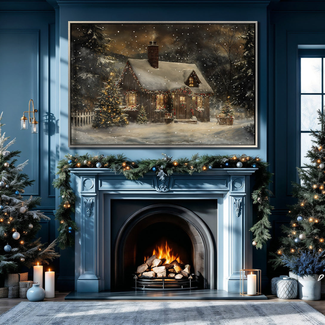 Framed Wall Art: Cozy winter scene Canvas Print with a snowy cabin, warm lighting, and a blue and gold color palette, perfect for holiday decor.