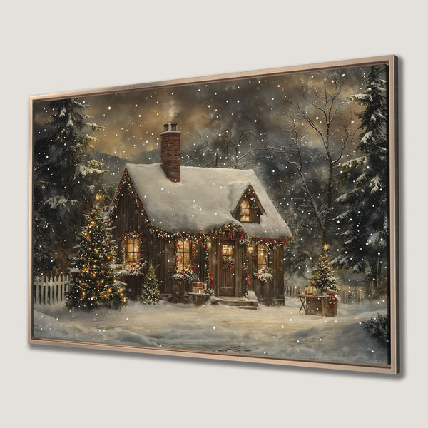 Framed Wall Art: Cozy winter cabin scene with snow, warm lights, and festive decor. Rich browns, greens, and golds create a welcoming holiday atmosphere.