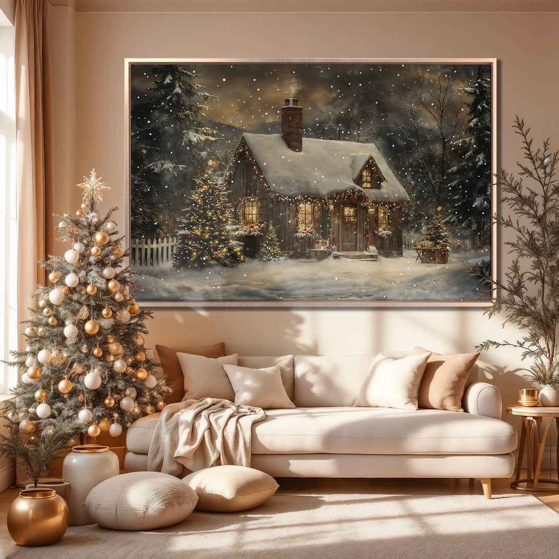 Framed Wall Art: Cozy winter cabin scene in a warm, neutral color palette. Perfect for adding holiday charm to your home.