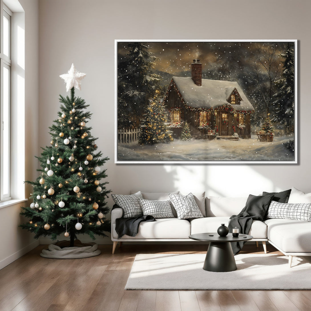 Framed Wall Art: Cozy winter cabin scene in a warm, inviting color palette. Perfect for holiday decor! Bring the magic of Christmas into your home.