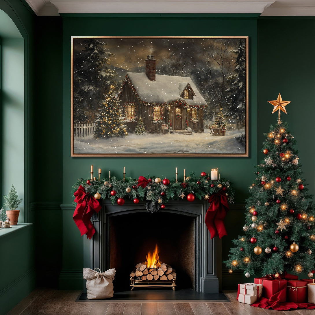 Framed Wall Art: Cozy winter cabin scene in a warm, inviting style. Features a snowy landscape with a rustic cabin, rich greens, reds, and golds. Perfect holiday decor.