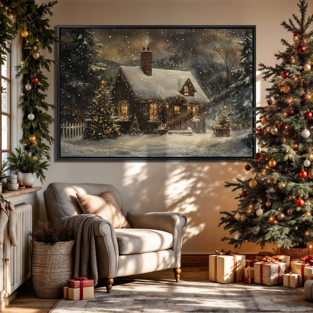 Framed Wall Art: Cozy winter cabin scene in a snowy landscape. Warm, inviting colors with a touch of holiday cheer. Perfect for adding a festive touch to your home.