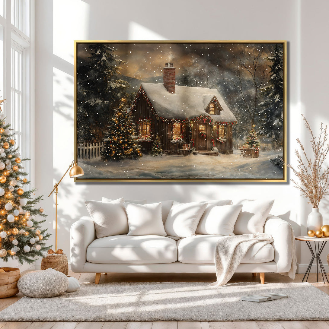 Canvas Print of a cozy winter cabin scene in a warm, neutral color palette, perfect for holiday decor.