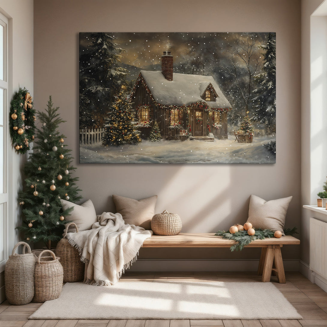 Framed Wall Art: Cozy winter cabin scene in a warm, inviting color palette. Perfect holiday decor! Bring the festive spirit to your home with this canvas print.