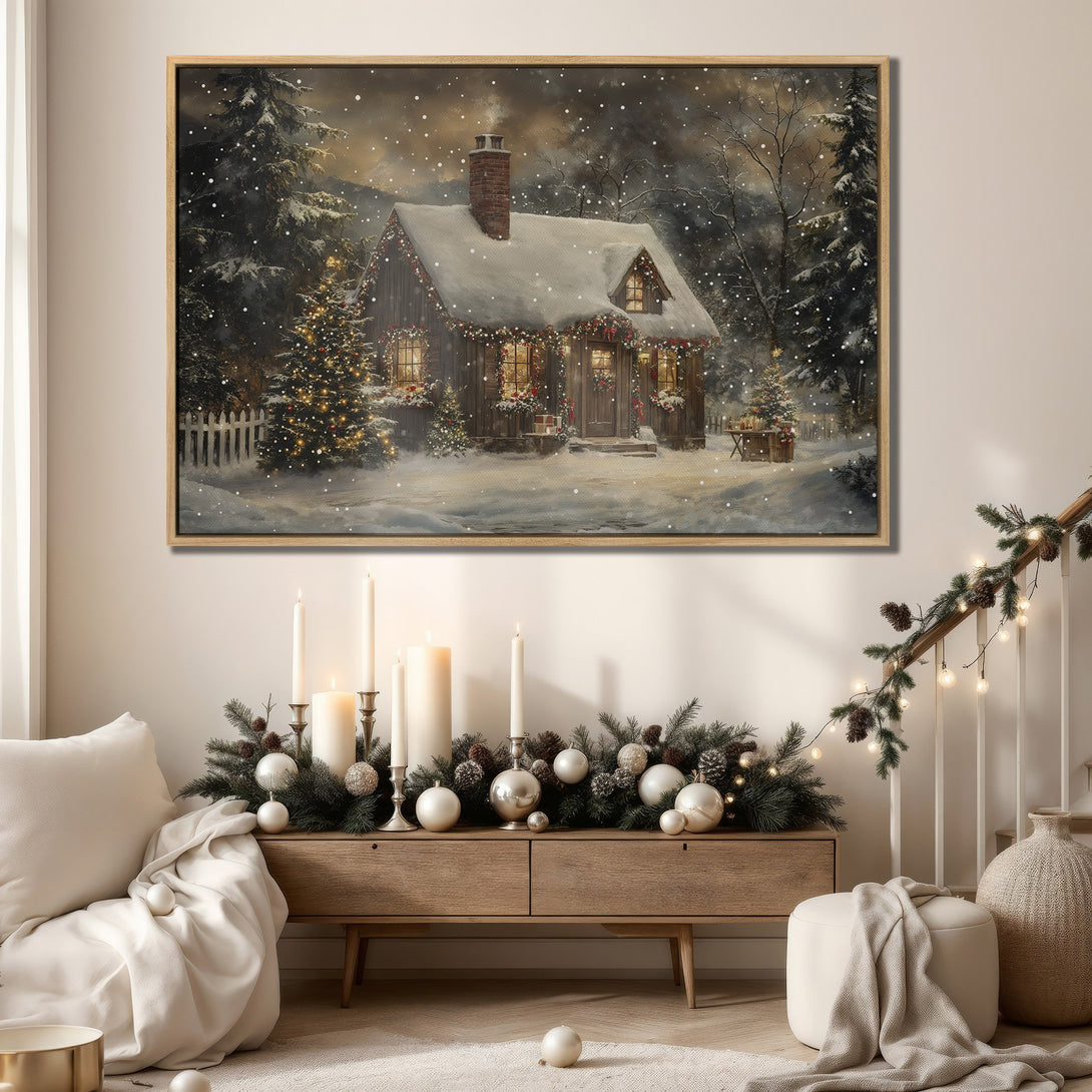 Framed Wall Art: Cozy winter cabin scene in a warm, neutral palette. Perfect for adding holiday charm to any space. Shop our Canvas Prints for festive decor!