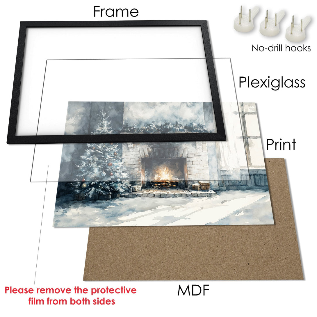 Framed Poster of a cozy Christmas scene with a fireplace, in watercolor style with a blue and gray color palette.