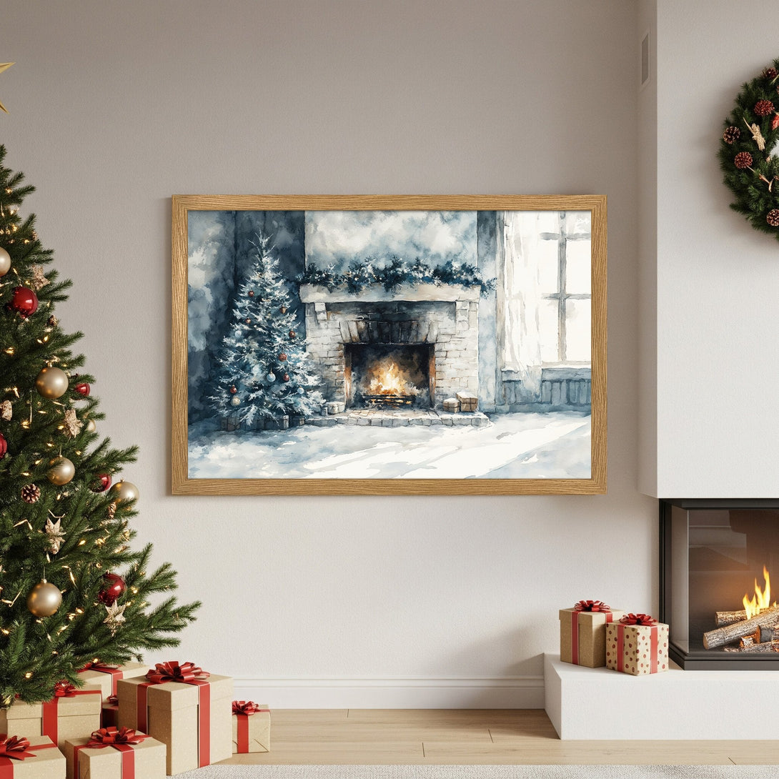 Framed Poster featuring a watercolor Christmas scene with a fireplace, tree, and gifts. Soft blue and neutral color palette.