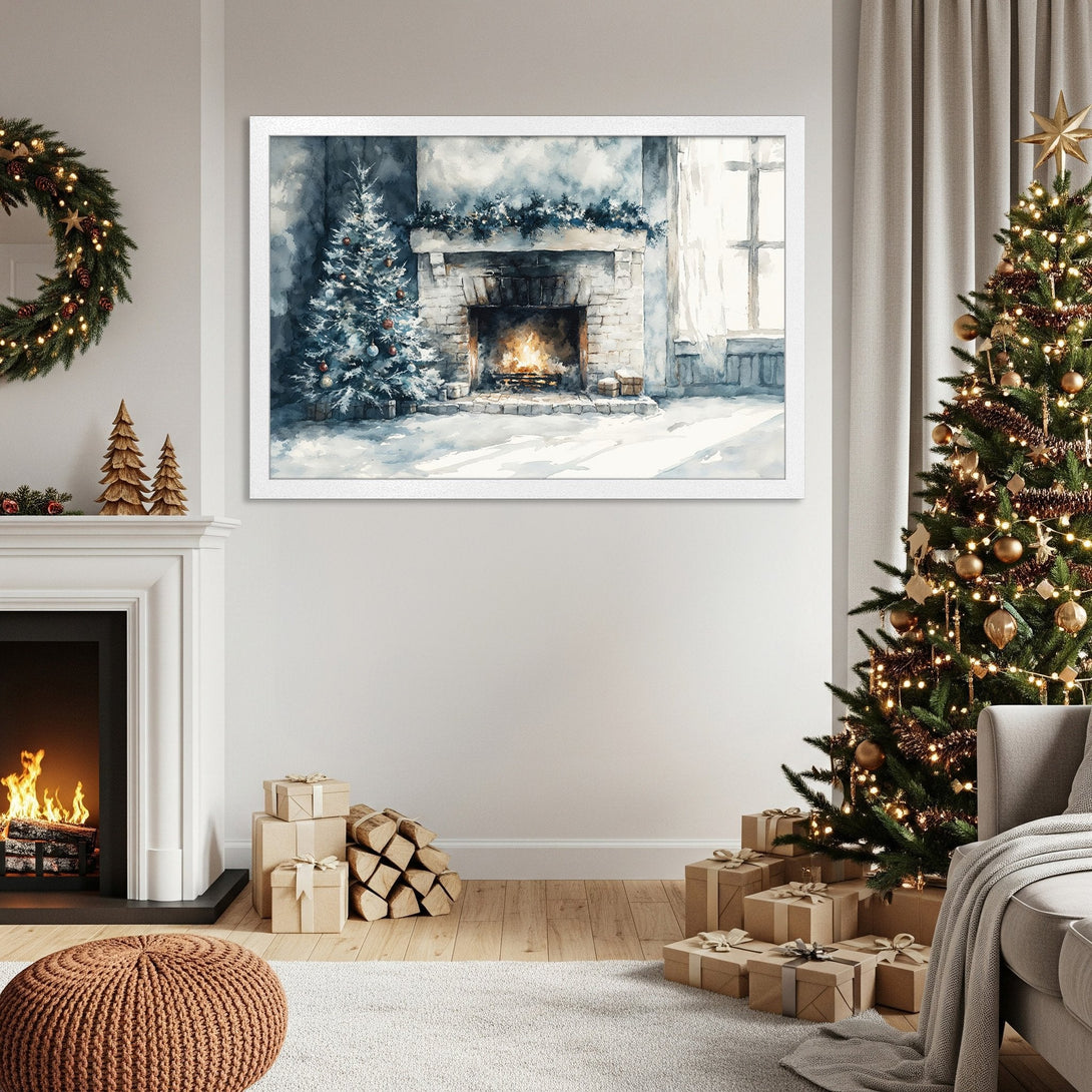 Framed Poster of a cozy winter scene in watercolor style. Features a Christmas tree and fireplace, with a cool blue and white color palette. Perfect holiday decor!