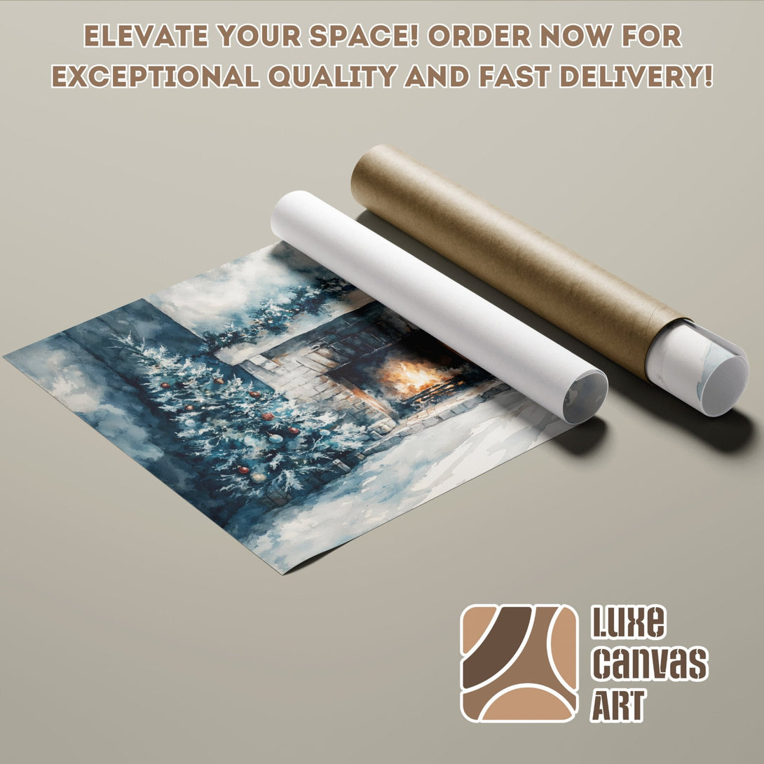 Watercolor Christmas Poster Roll, blue & brown palette, perfect for holiday decor.