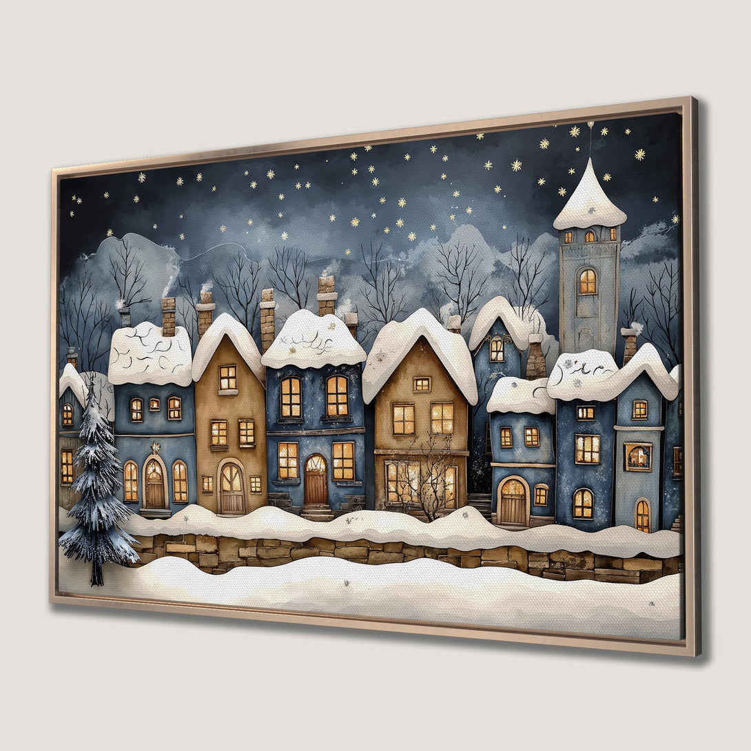 Framed Wall Art: Charming winter village scene in watercolor style. Blue, gold, and white color palette. Perfect for cozy home decor.