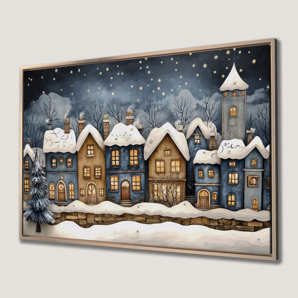 Framed Wall Art: Charming winter village scene in watercolor style. Blue, gold, and white color palette. Perfect for cozy home decor.