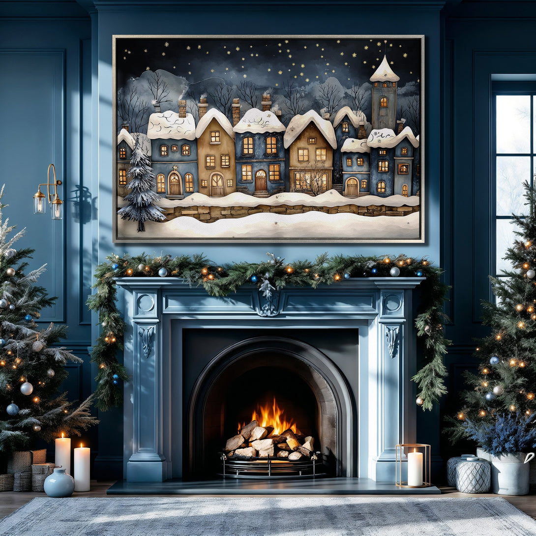 Framed Wall Art: Winter village scene in blue and gold tones. Cozy illustration style Canvas Print, perfect for holiday decor.