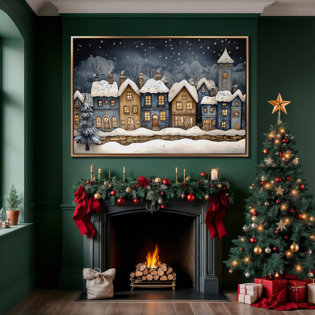 Framed Wall Art: Winter village scene in a cozy interior. Watercolor style with blue, brown, and white hues. Perfect for Christmas decor!