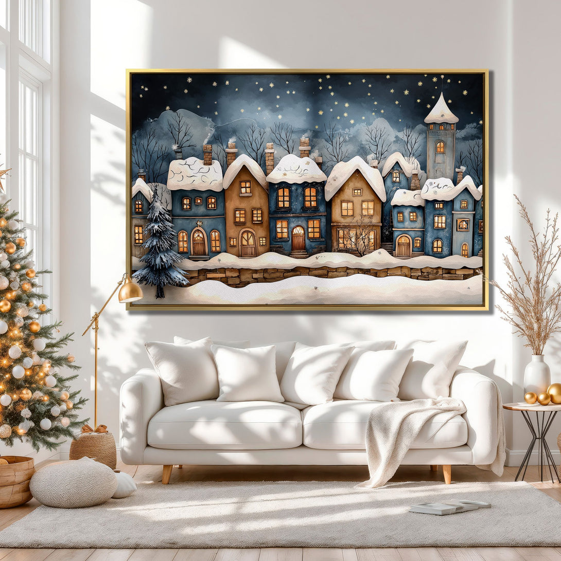 Canvas Print of a winter village scene in watercolor style, featuring blue and gold hues, perfect for holiday decor.
