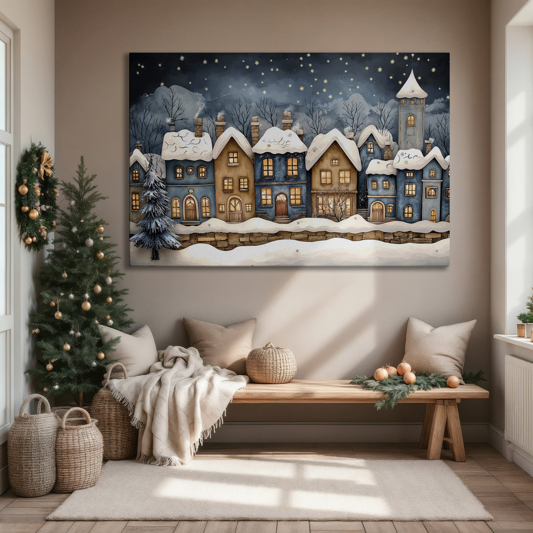 Framed Wall Art: Winter village scene in blue and gold. Cozy watercolor style Canvas Print perfect for holiday decor.