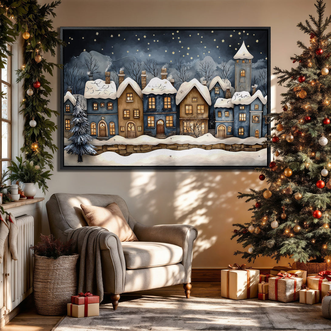 Framed Wall Art: Winter village scene in blue and gold hues. Cozy watercolor style Canvas Print adds holiday charm to any space.