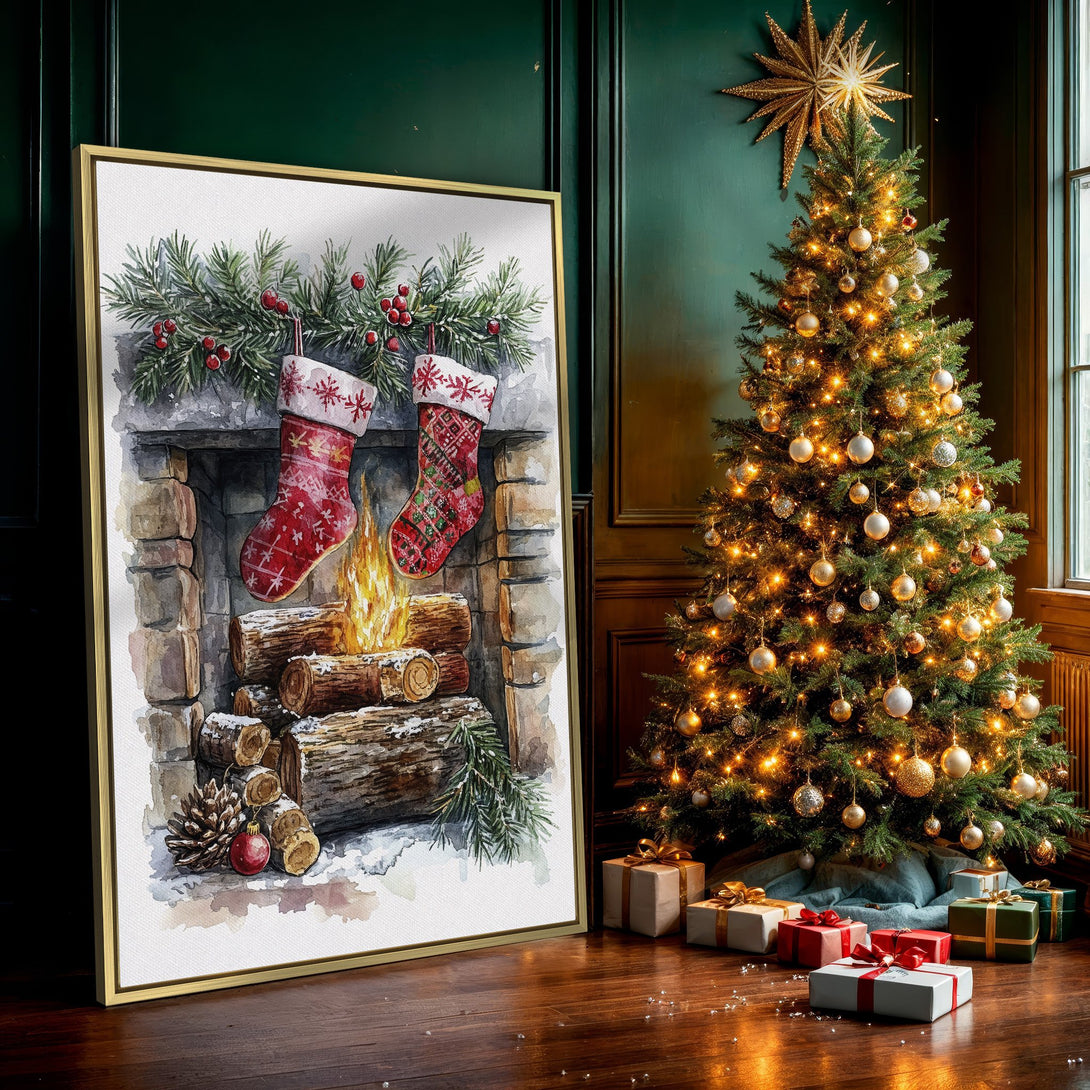 Watercolor Canvas Print of a cozy Christmas fireplace with stockings, featuring a warm red and green color palette. Perfect holiday wall art!