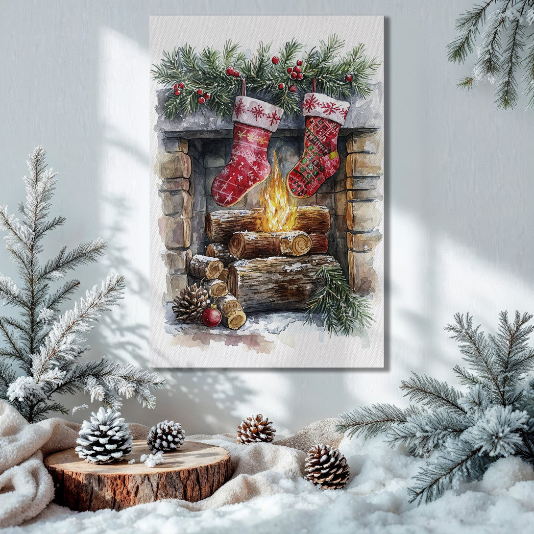 Framed Wall Art: Watercolor Christmas scene with stockings & fireplace, warm red & green palette. Perfect holiday decor!