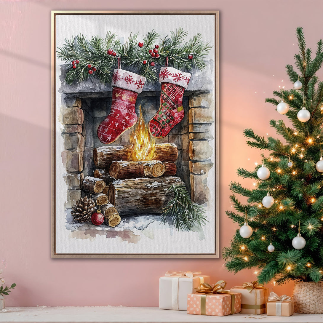 Framed Wall Art Canvas Print of a cozy watercolor Christmas scene. Features red stockings, fireplace, and a warm color palette. Perfect holiday decor!