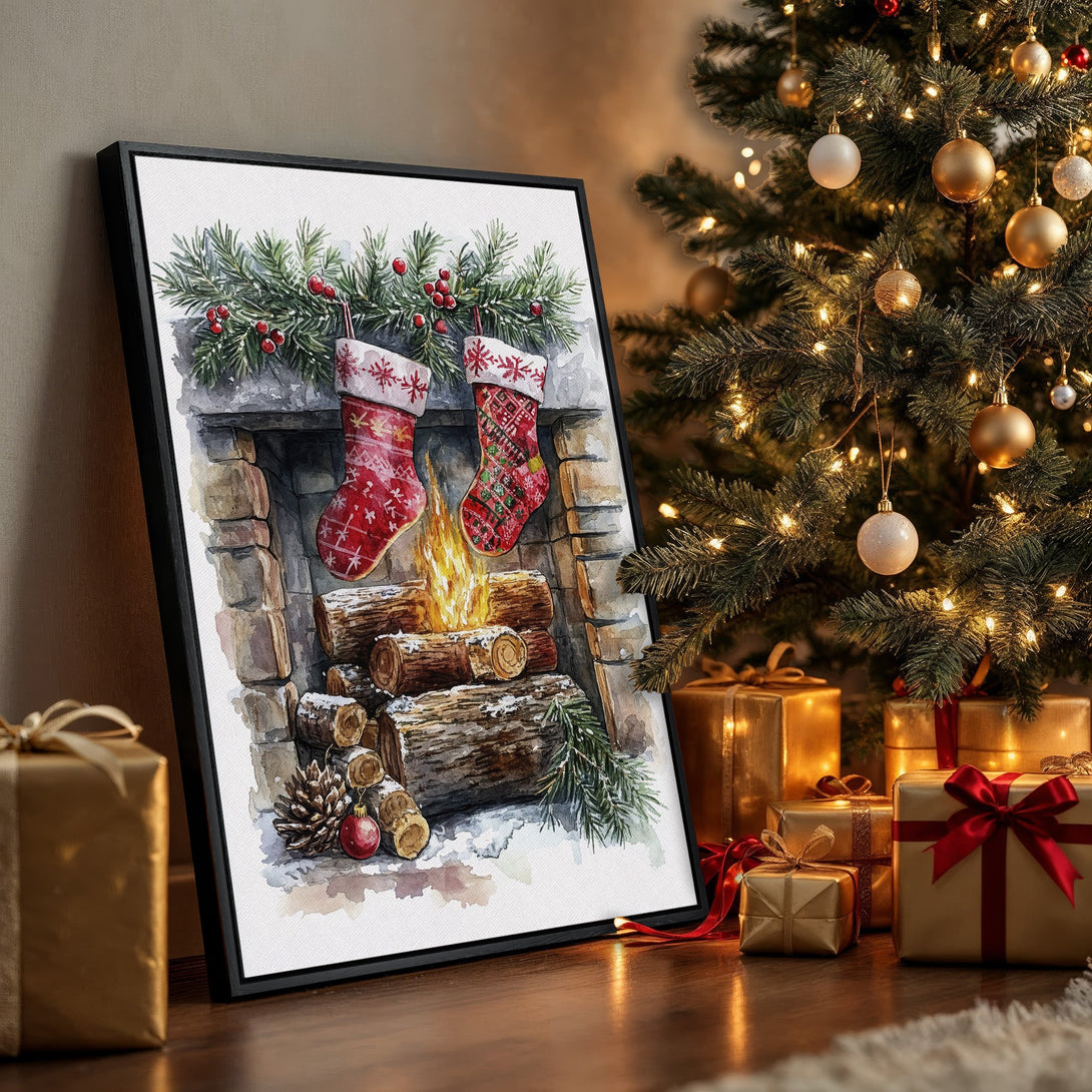 Framed Wall Art: Watercolor Christmas stocking print in a warm, inviting interior. Features a cozy fireplace scene with a red, green, and gold color palette.
