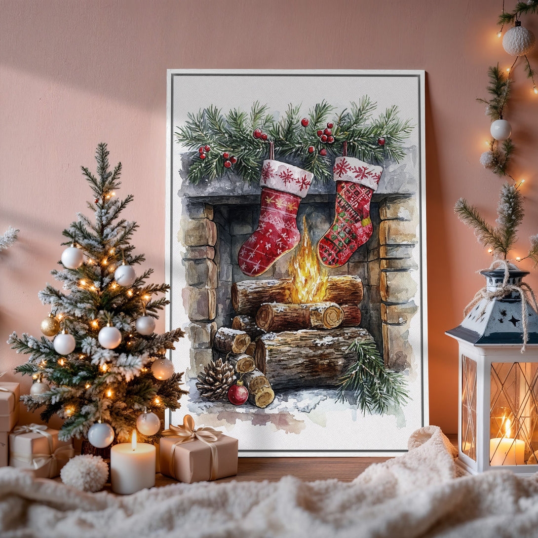 Framed Wall Art: Watercolor Christmas scene with stockings, warm reds & greens. Cozy winter decor for your home. Shop now!