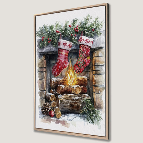 Framed Wall Art Canvas Print of a cozy watercolor Christmas scene. Features red stockings, fireplace, and warm color palette. Perfect holiday decor!