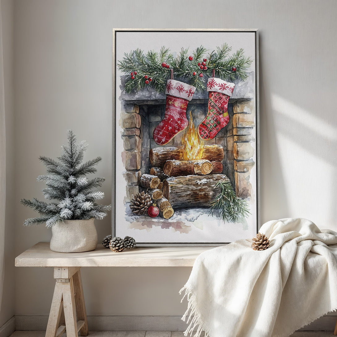 Watercolor Canvas Print of a cozy Christmas fireplace with stockings. Warm red and green hues create a festive, inviting atmosphere. Perfect holiday decor!