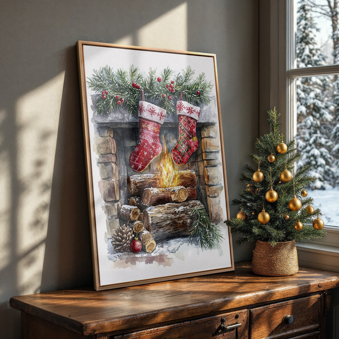 Framed Wall Art: Watercolor Christmas scene with stockings, fireplace, and cozy winter vibes. Warm red, green, and brown palette for holiday home decor.