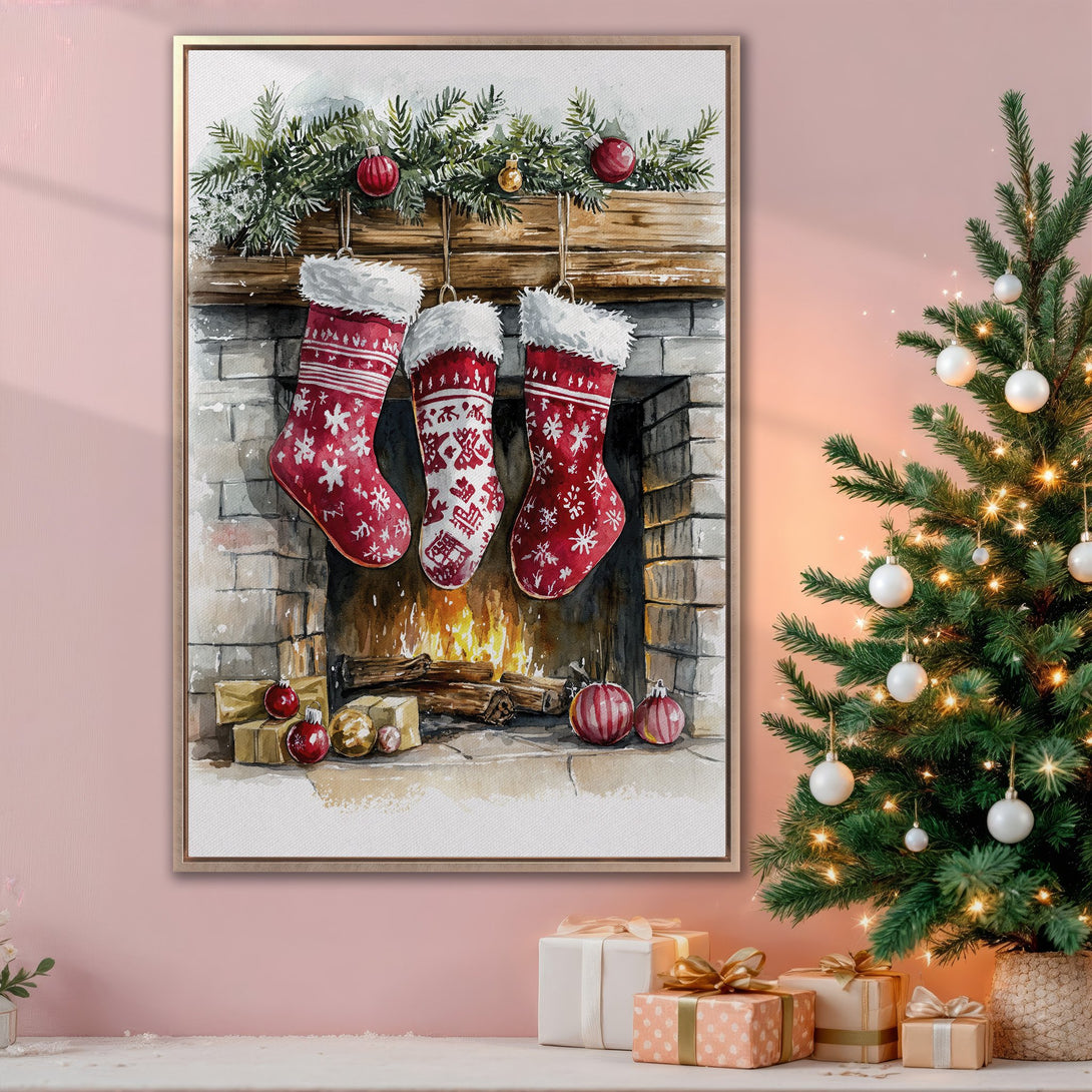 Framed Wall Art: Watercolor Christmas scene with stockings, fireplace, and festive decor. Warm red and green tones create a cozy holiday vibe. Perfect for seasonal home decor!
