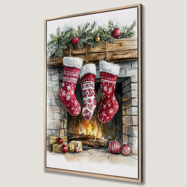 Framed Wall Art: Watercolor Christmas scene with stockings, fireplace, and festive red & green palette. Perfect holiday decor for your home!