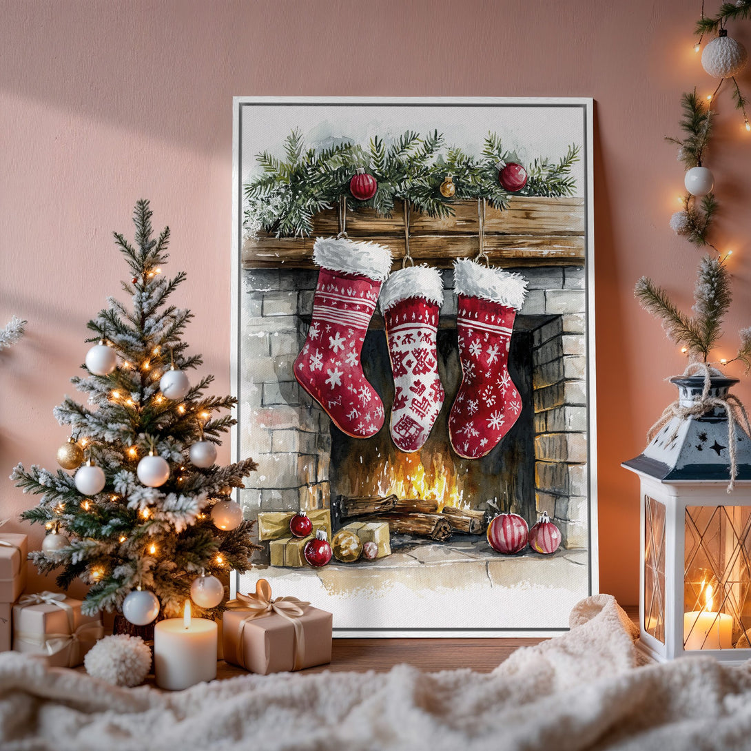 Framed Wall Art: Watercolor Christmas scene with stockings, fireplace, and festive red & green palette. Perfect holiday decor.