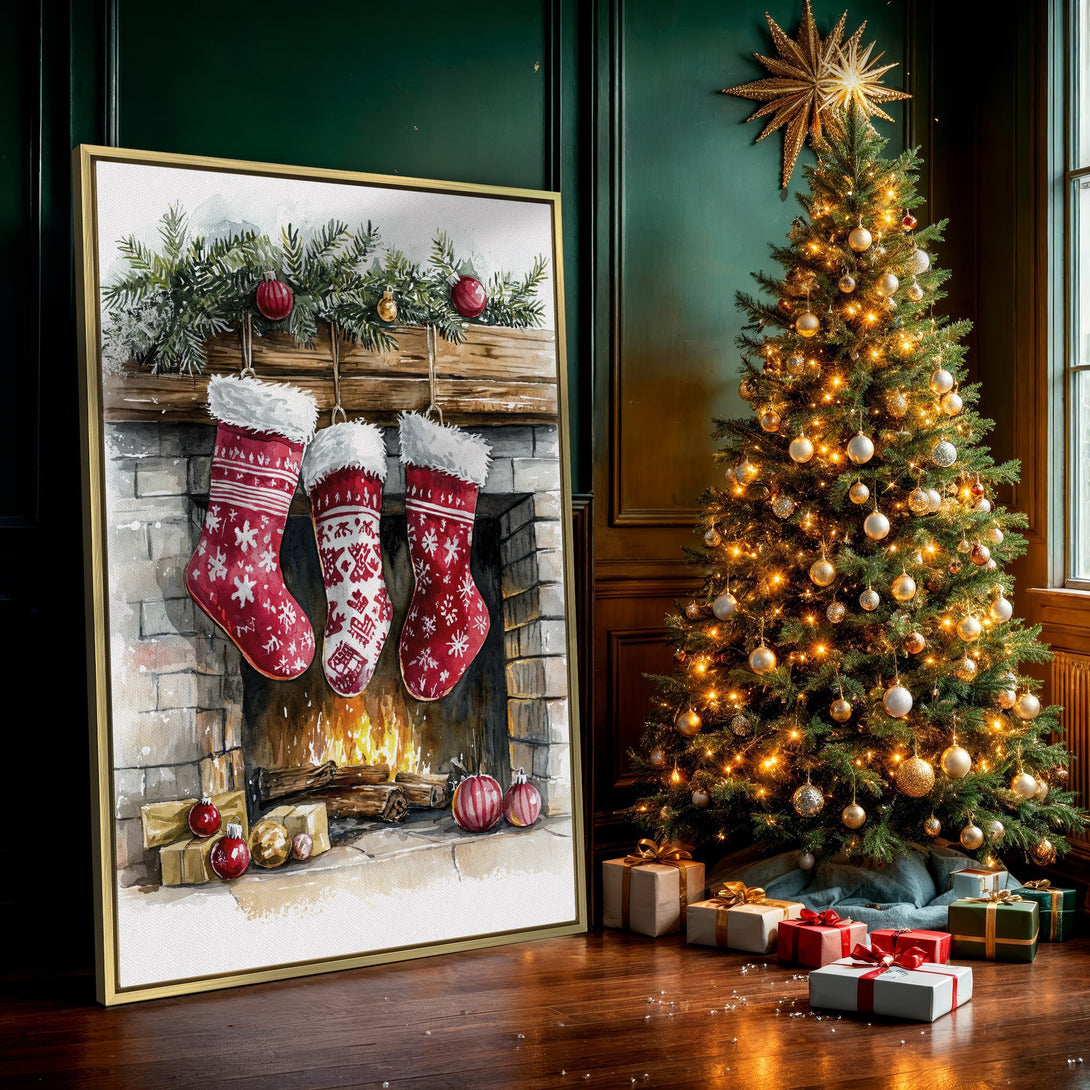Canvas Print of a cozy watercolor Christmas scene with stockings, fireplace, and red accents. Perfect holiday wall art!