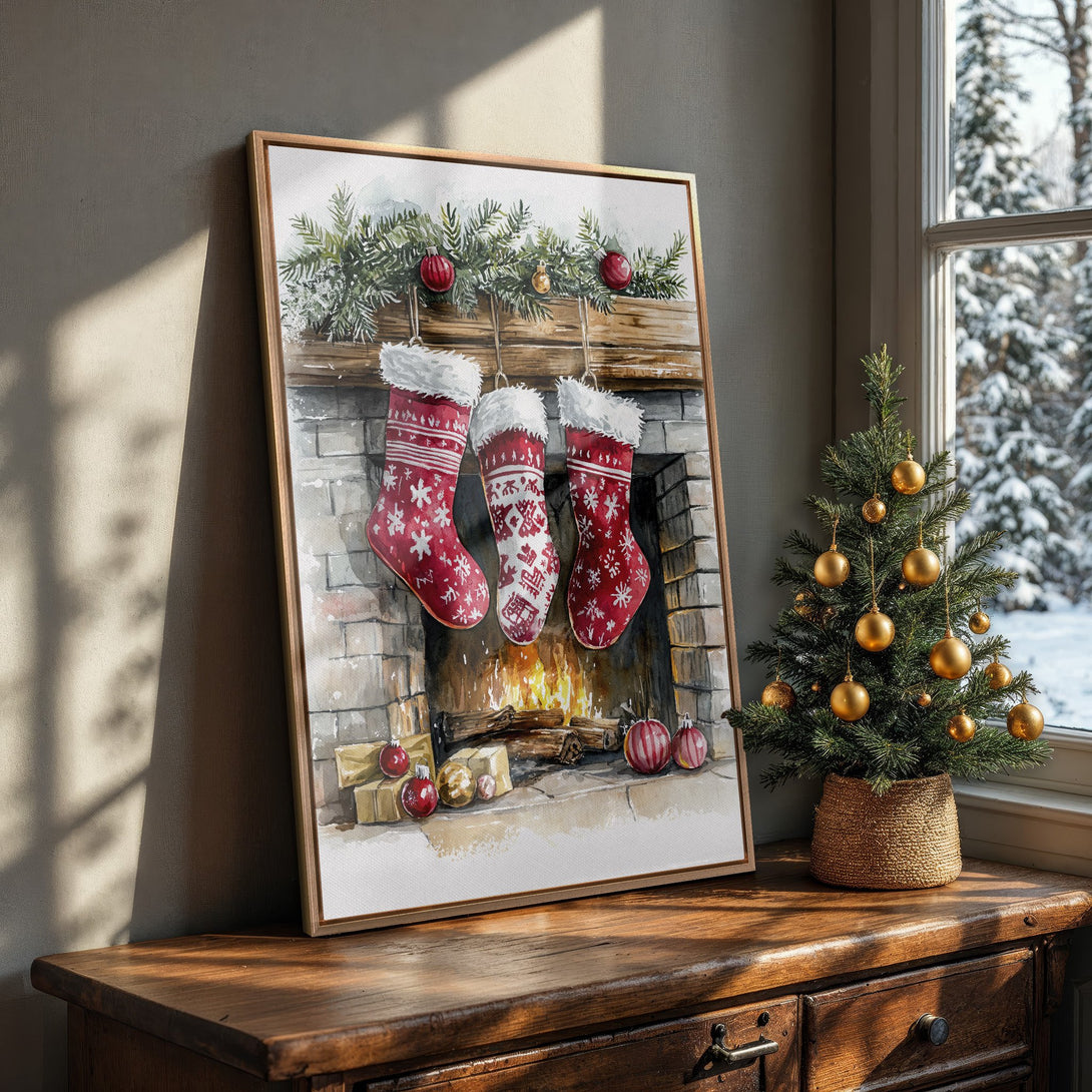 Framed Wall Art: Watercolor Christmas scene with stockings, warm red & green palette. Perfect holiday decor for cozy interiors. Shop now for festive art!