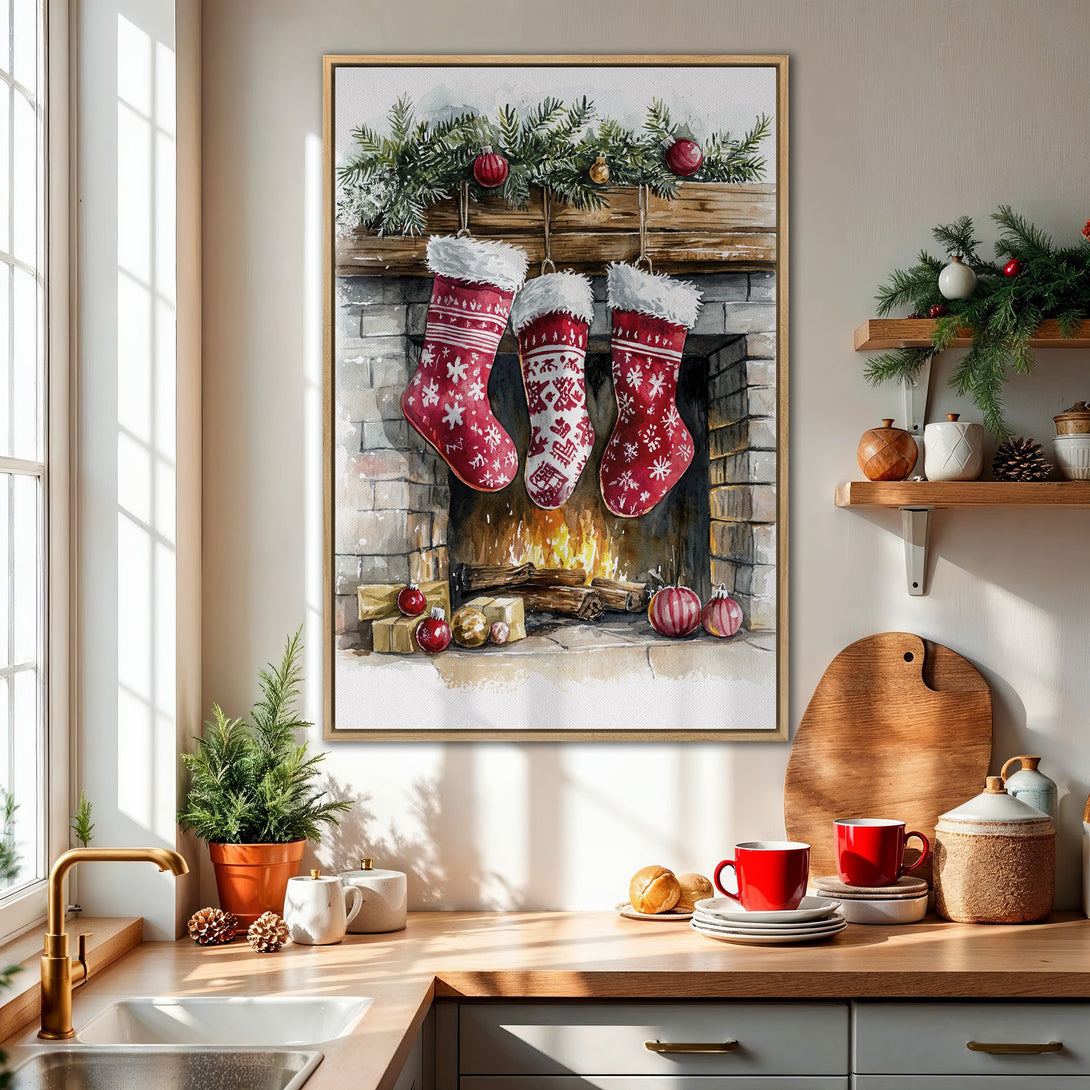 Framed Wall Art: Watercolor Christmas scene with stockings and fireplace. Festive red and white palette, perfect holiday home decor.