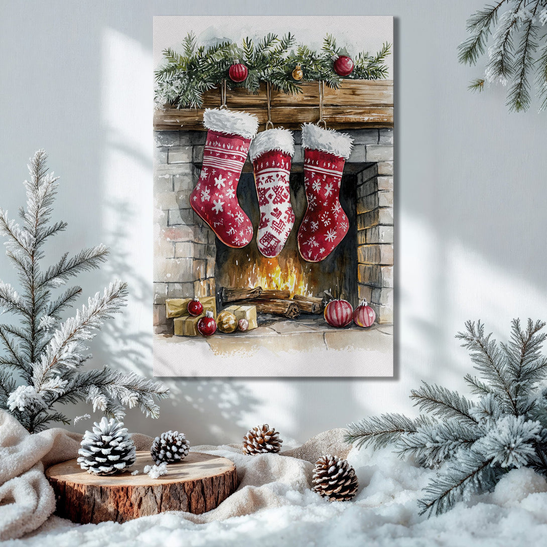 Framed Wall Art: Watercolor Christmas stocking print in a cozy interior. Featuring red, green, and gold tones, perfect for holiday decor.