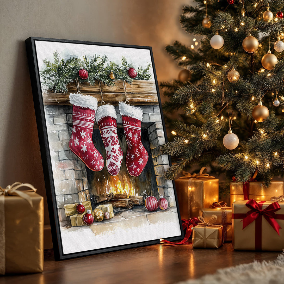 Framed Wall Art: Watercolor Christmas stocking print, warm red & gold palette. Cozy holiday decor for your home! Perfect Christmas gift.