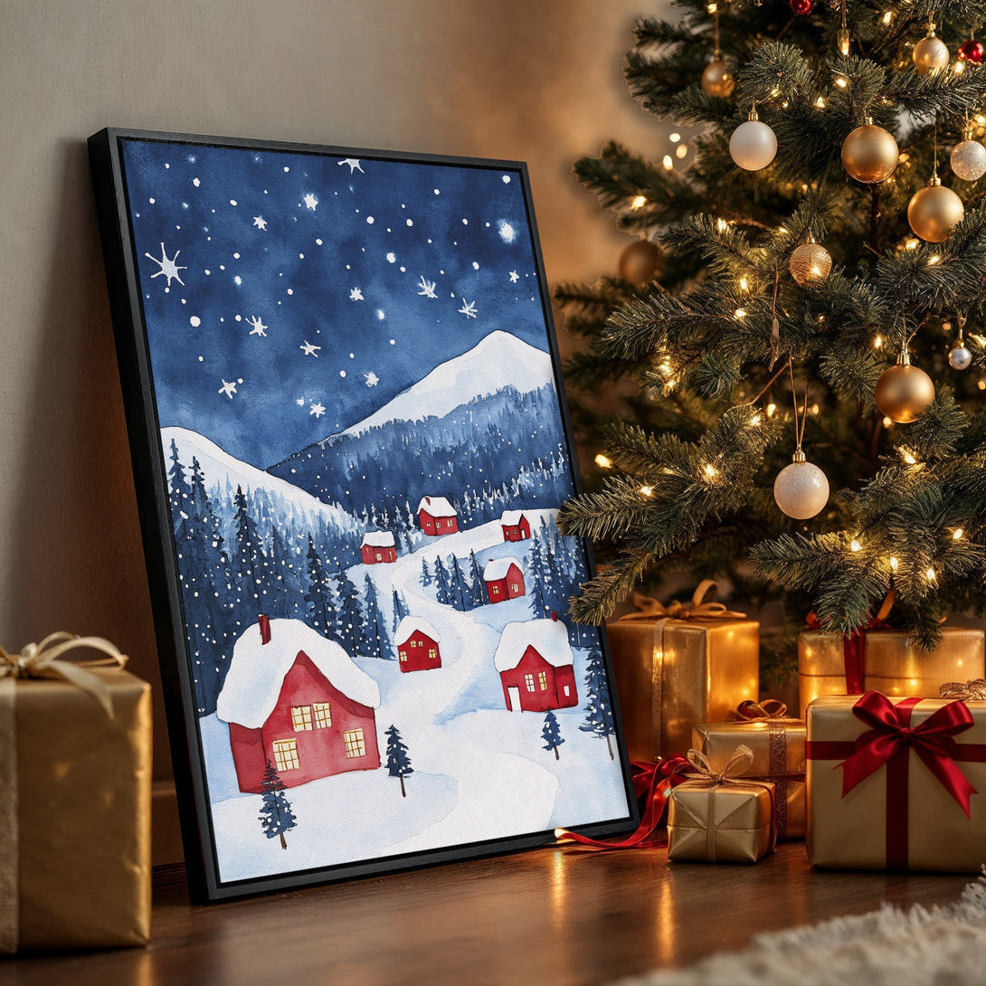 Framed Wall Art: Watercolor winter village scene in blue and red. Perfect Christmas decor! Shop our Canvas Print collection for cozy art.