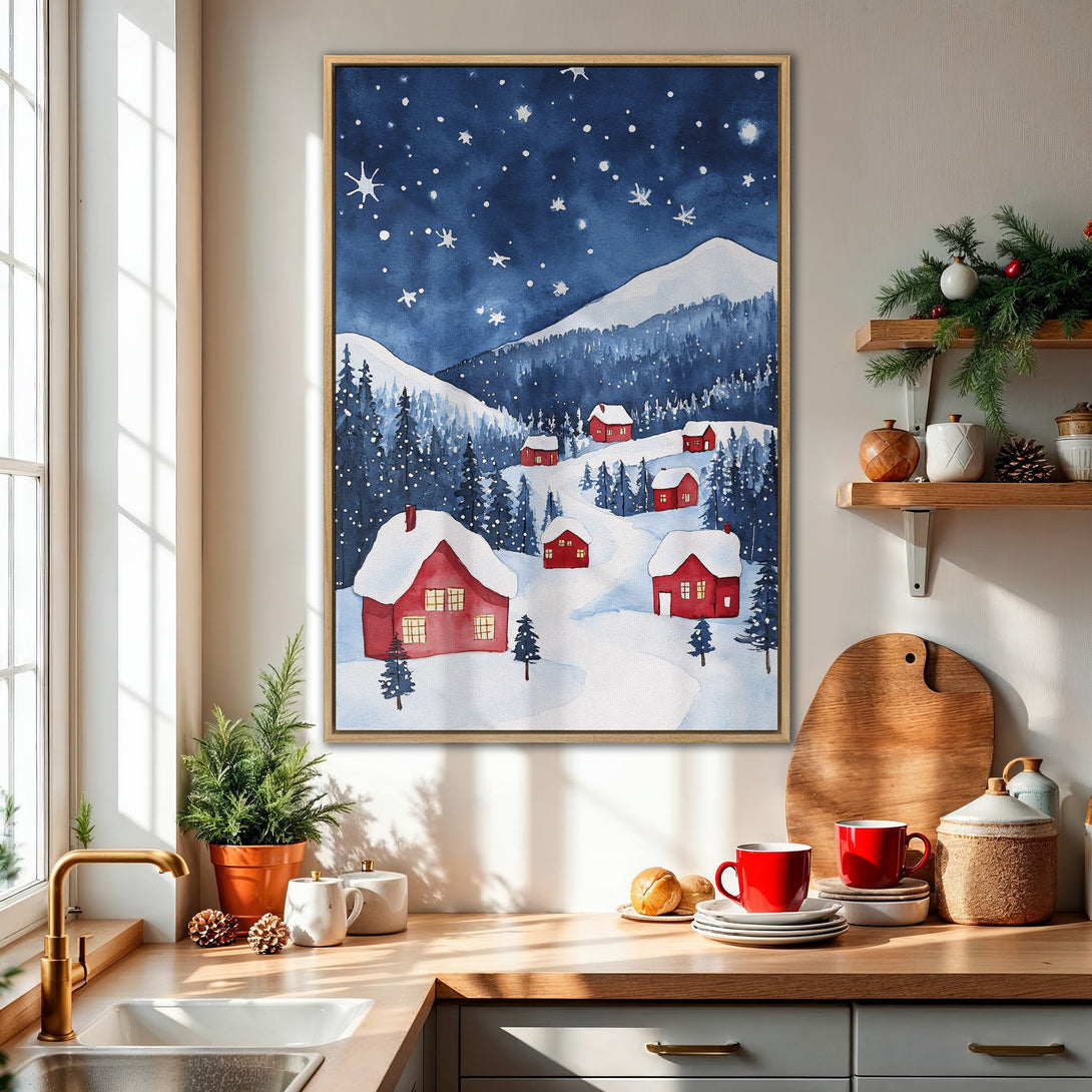 Framed Wall Art: Watercolor winter landscape with red houses and snowy mountains, in a blue and white palette. Perfect for cozy home decor.