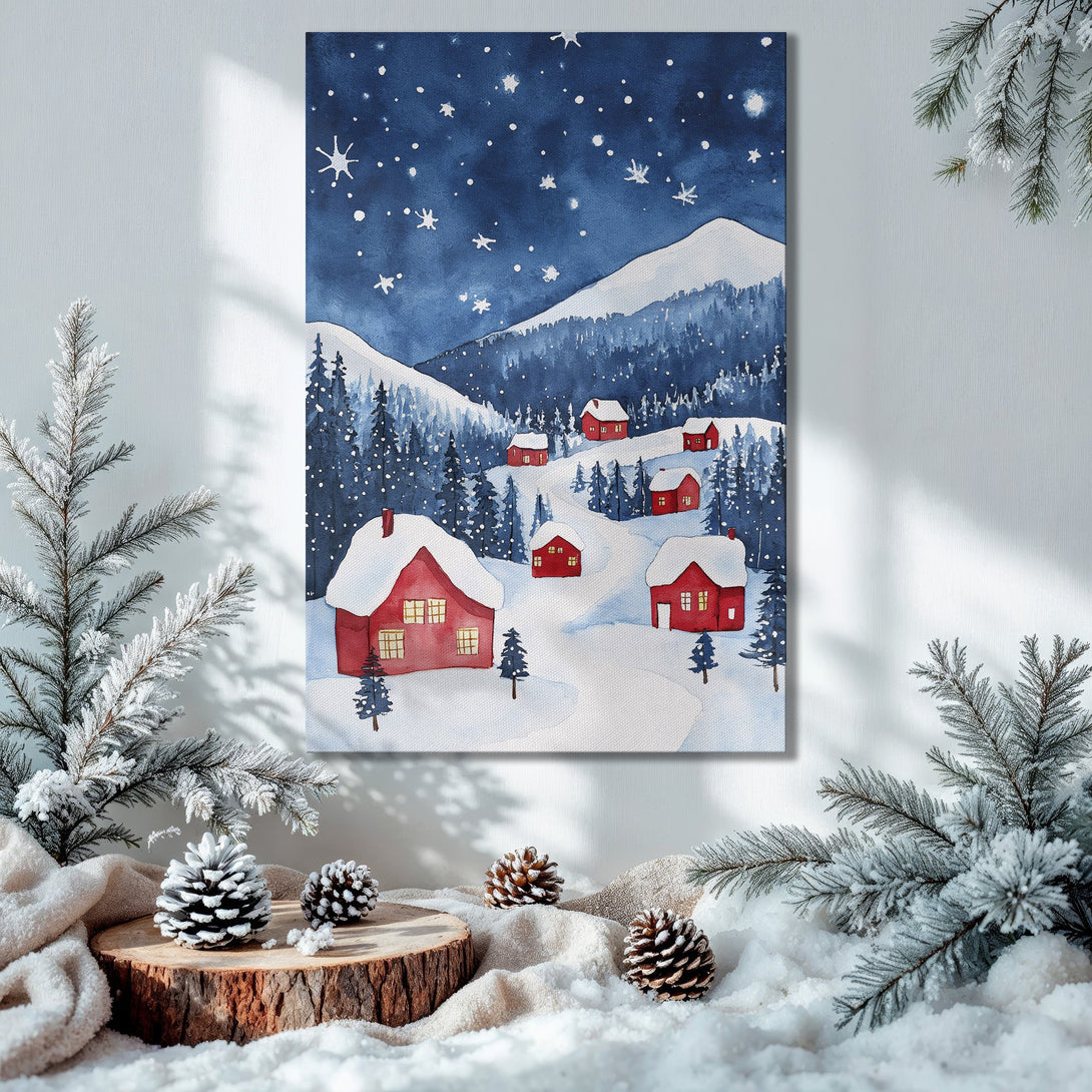 Framed Wall Art: Watercolor winter landscape with red houses, blue and white palette. Perfect holiday decor!