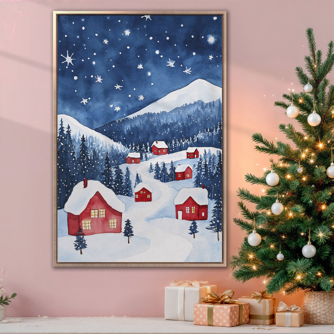 Framed Wall Art: Watercolor winter village scene in blue, red, and white. Perfect Christmas decor! Add cozy charm to your home with this beautiful canvas print.