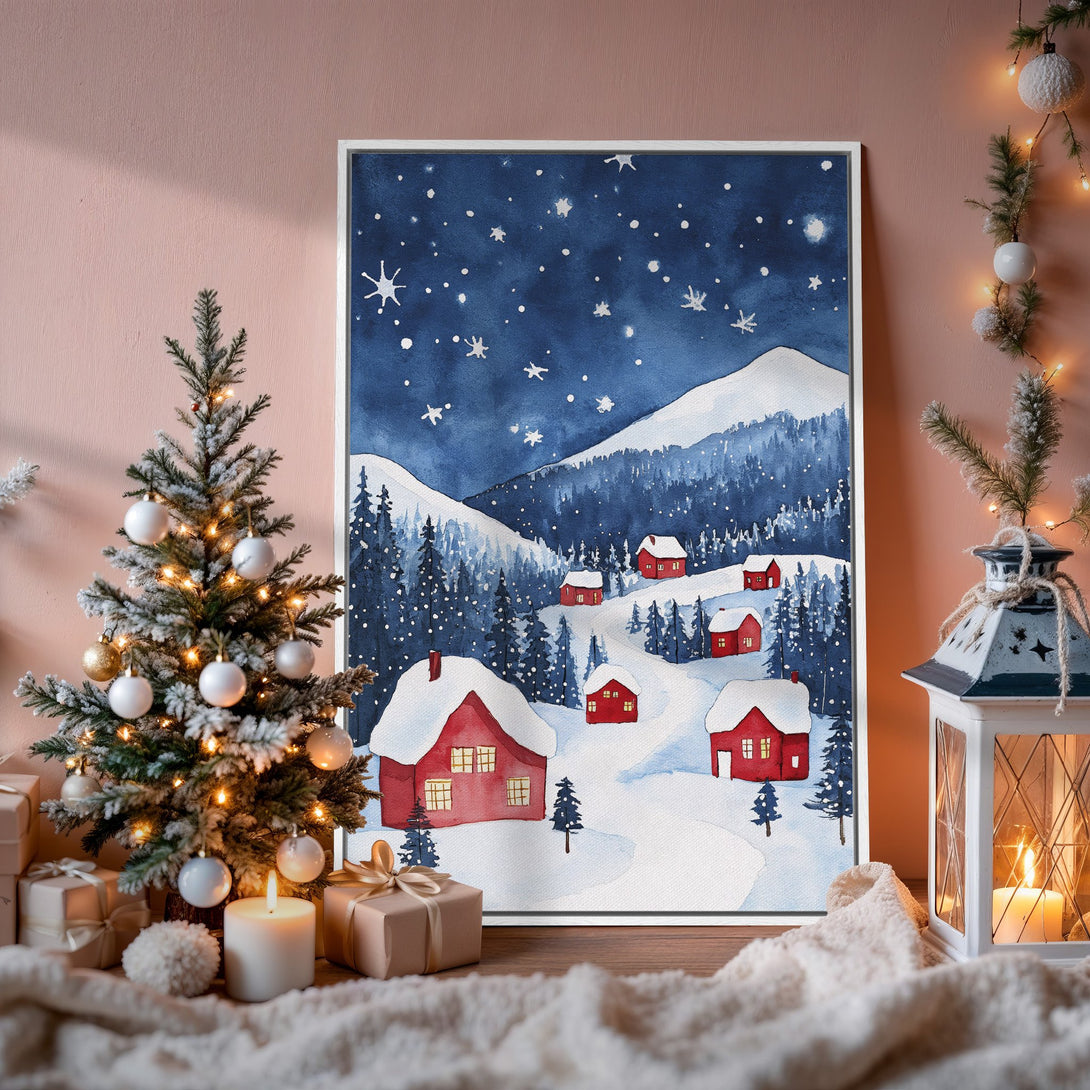Framed Wall Art: Watercolor winter landscape with red houses and snowy mountains. Blue and white color palette. Perfect holiday decor.