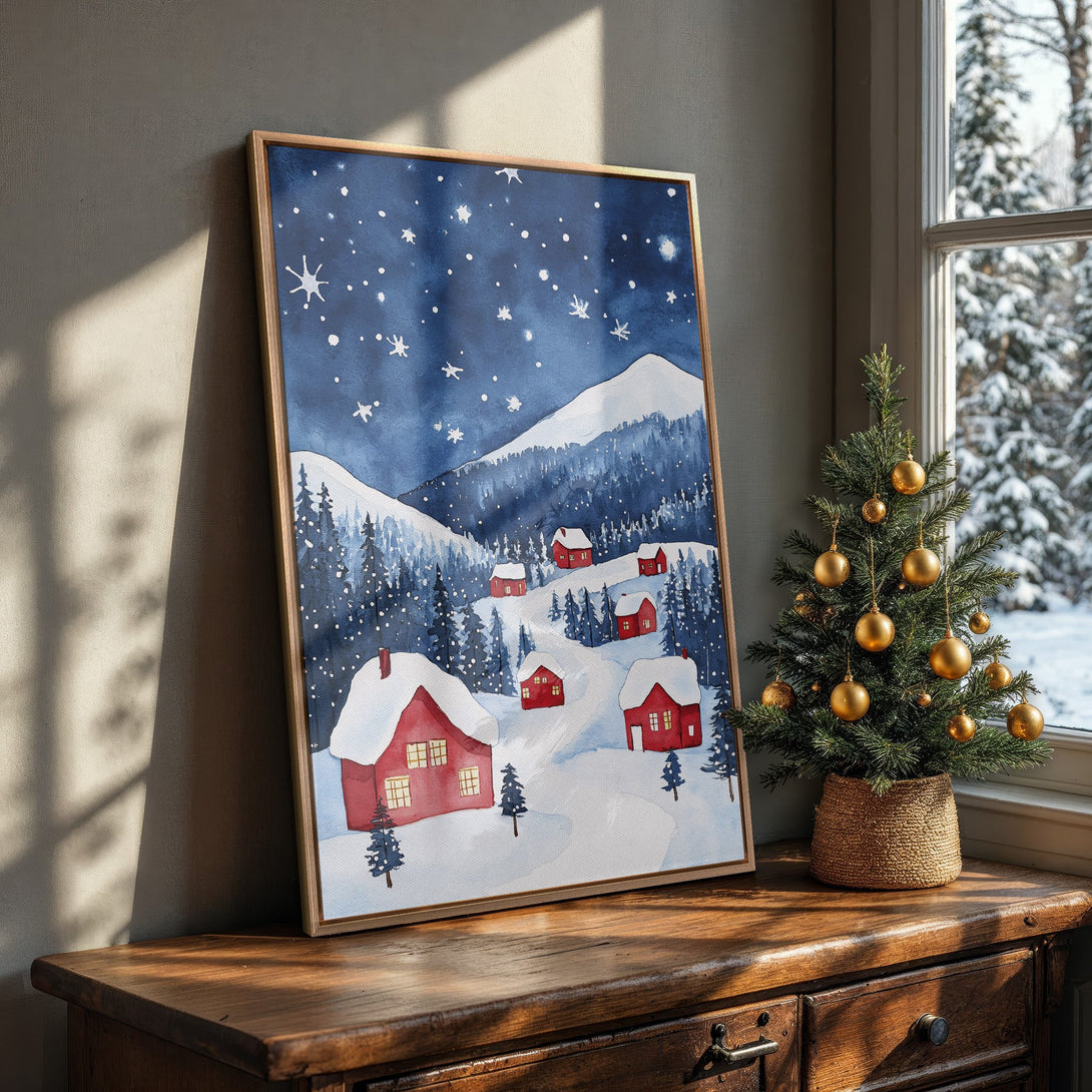 Framed Wall Art: Watercolor winter landscape with red houses, blue sky, and snowy mountains. Perfect for cozy home decor.