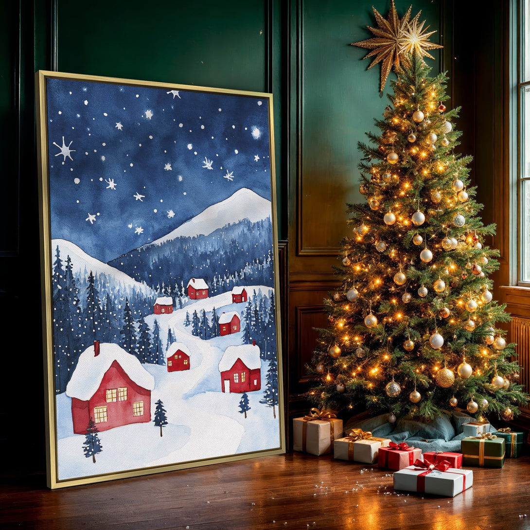 Canvas Print of a winter village scene in watercolor style. Features red houses, snowy mountains, and a blue and white color palette. Cozy wall art.