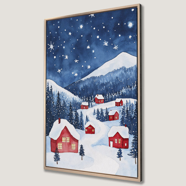 Framed Wall Art: Watercolor winter village scene with red houses under a starry night sky. Blue and white color palette, perfect for cozy decor.