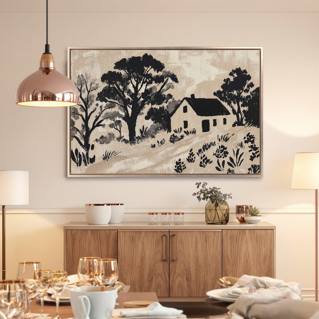 Framed Wall Art: Black and beige landscape painting. Modern farmhouse style Canvas Print with neutral color palette, perfect for dining room decor.