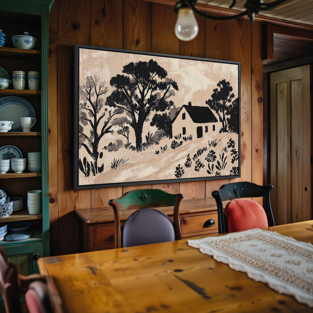 Framed Wall Art: Black & white landscape Canvas Print of a house and trees. Rustic style, neutral color palette. Perfect for farmhouse decor.