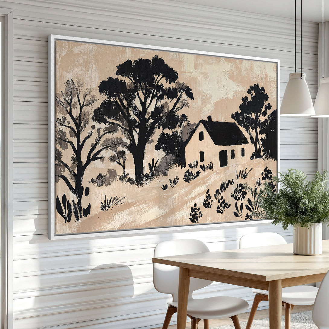 Framed Wall Art featuring a black and beige landscape painting. Modern farmhouse style Canvas Print with a neutral color palette, perfect for home decor.