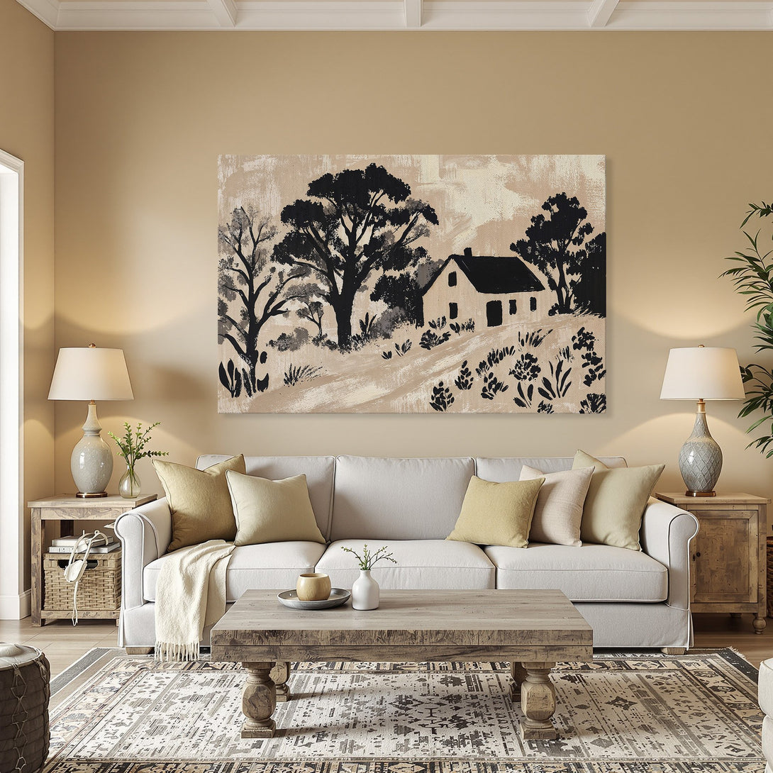 Framed Wall Art: Black and white landscape Canvas Print with a farmhouse scene. Neutral color palette, perfect for any decor.