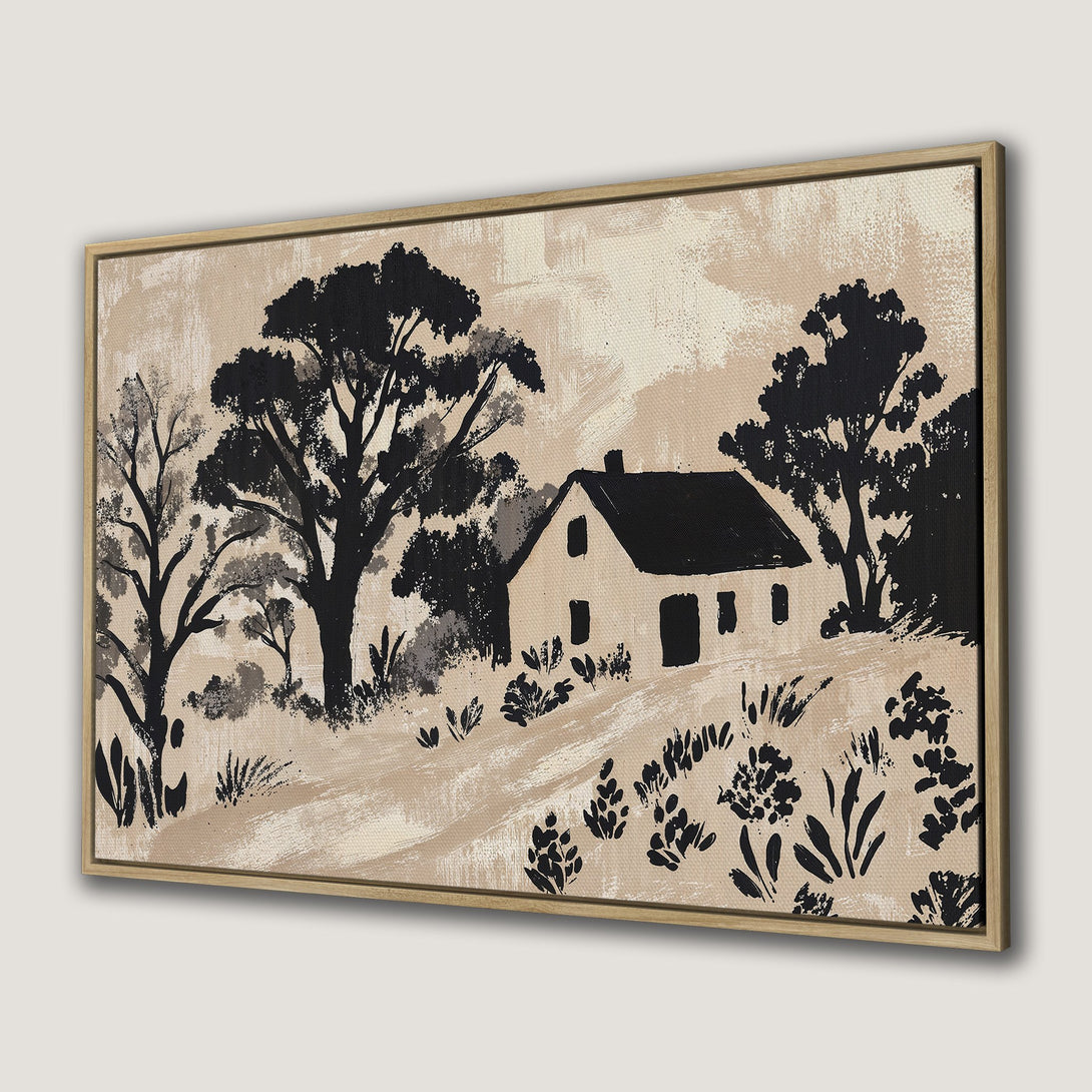 Framed Wall Art: Black and beige landscape painting of a house and trees. Modern, minimalist style canvas print for home decor.