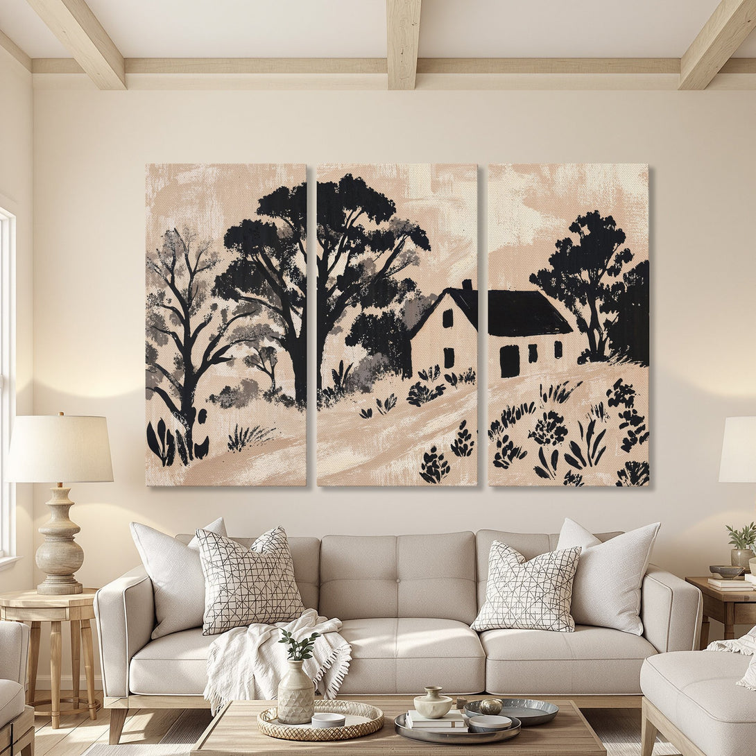 Canvas Print: Abstract landscape art in neutral tones. Modern farmhouse style with black, beige, and cream color palette. Perfect wall decor.
